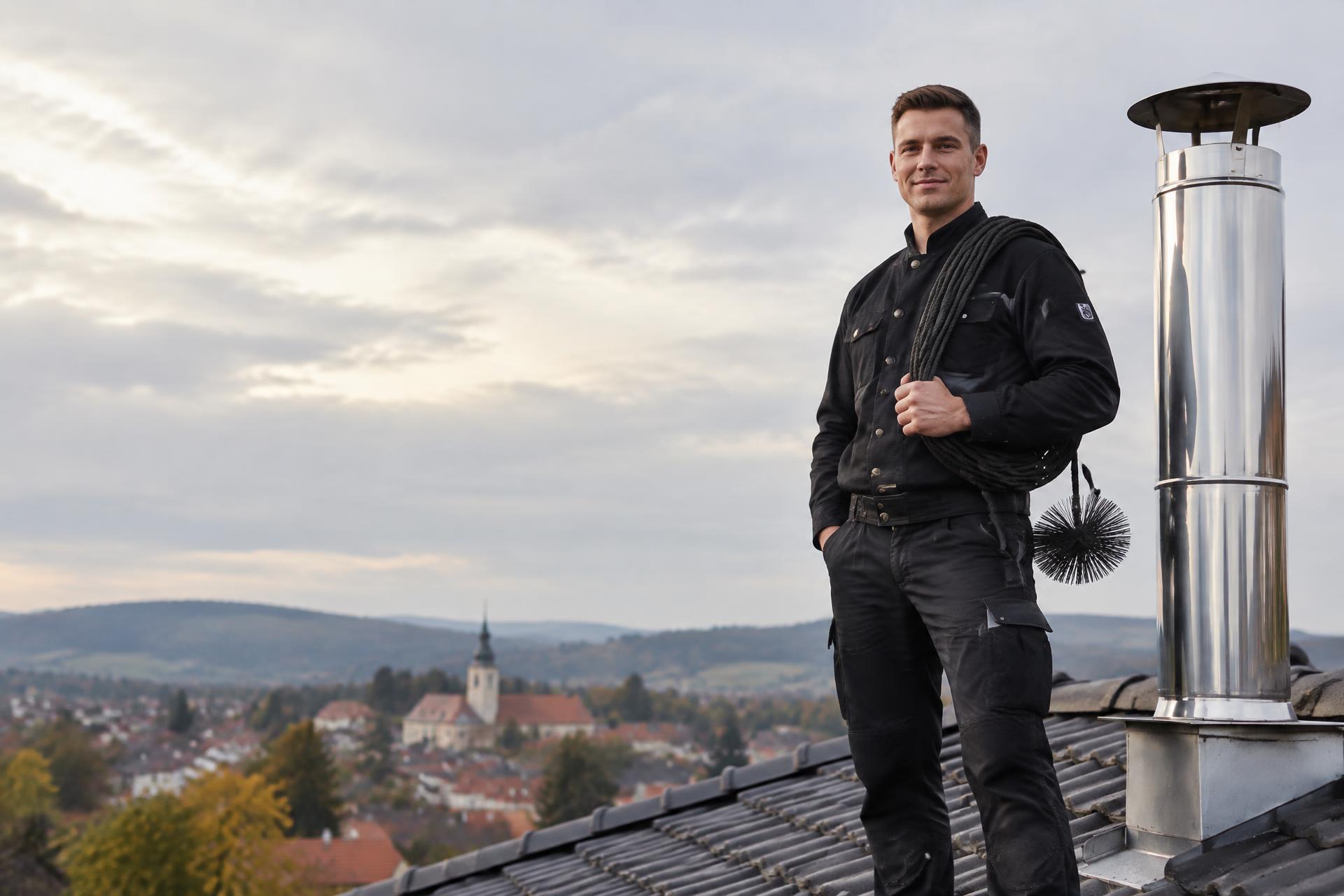 Kominík při odborné práci na komíně